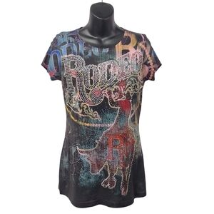 Vintage R. Rouge Women USA Rhinestone Rodeo Graphic T-Shirt Size M Bedazzled Y2K